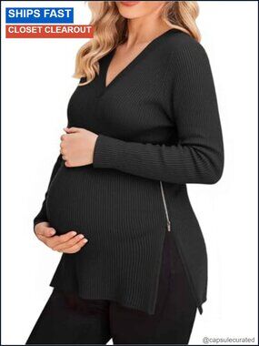V Neck Ribbed Knit Maternity Nursing Sweater Side Zip Split Hem